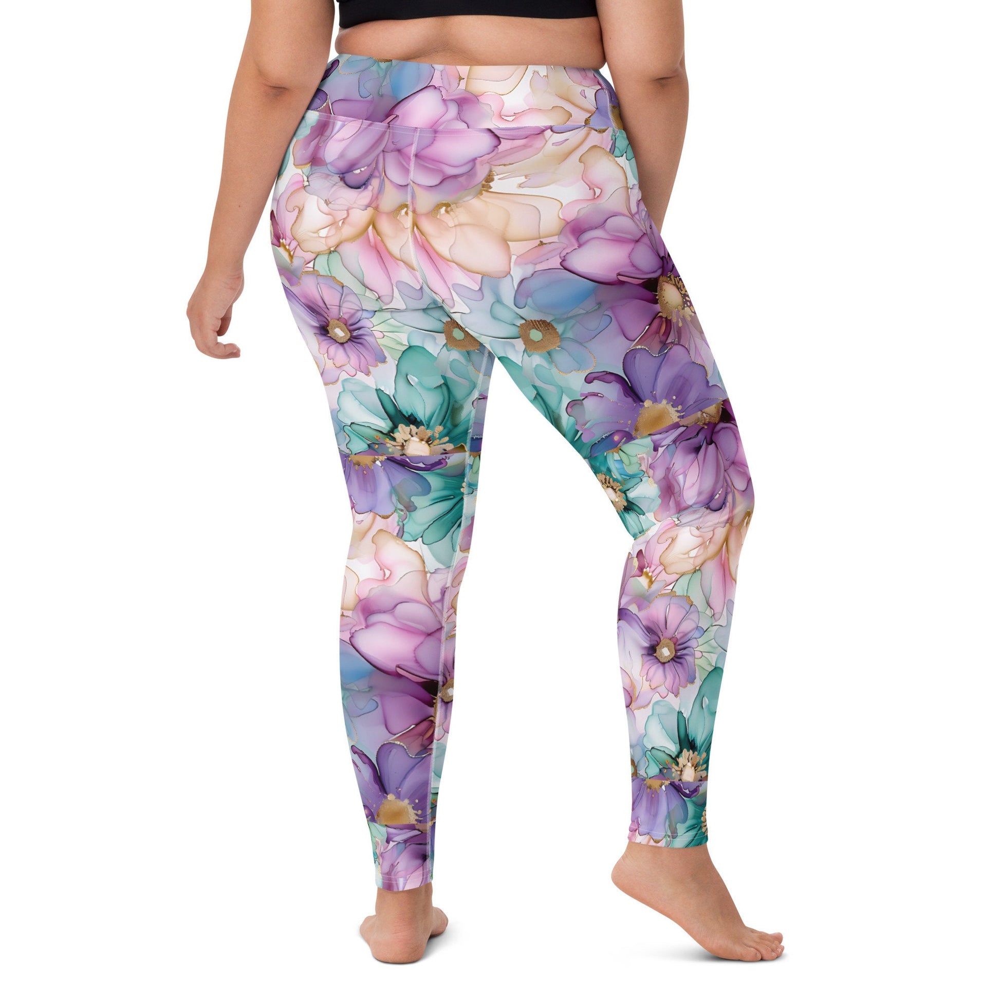 Yoga Leggings - Purple Teal Light Peach Flowers