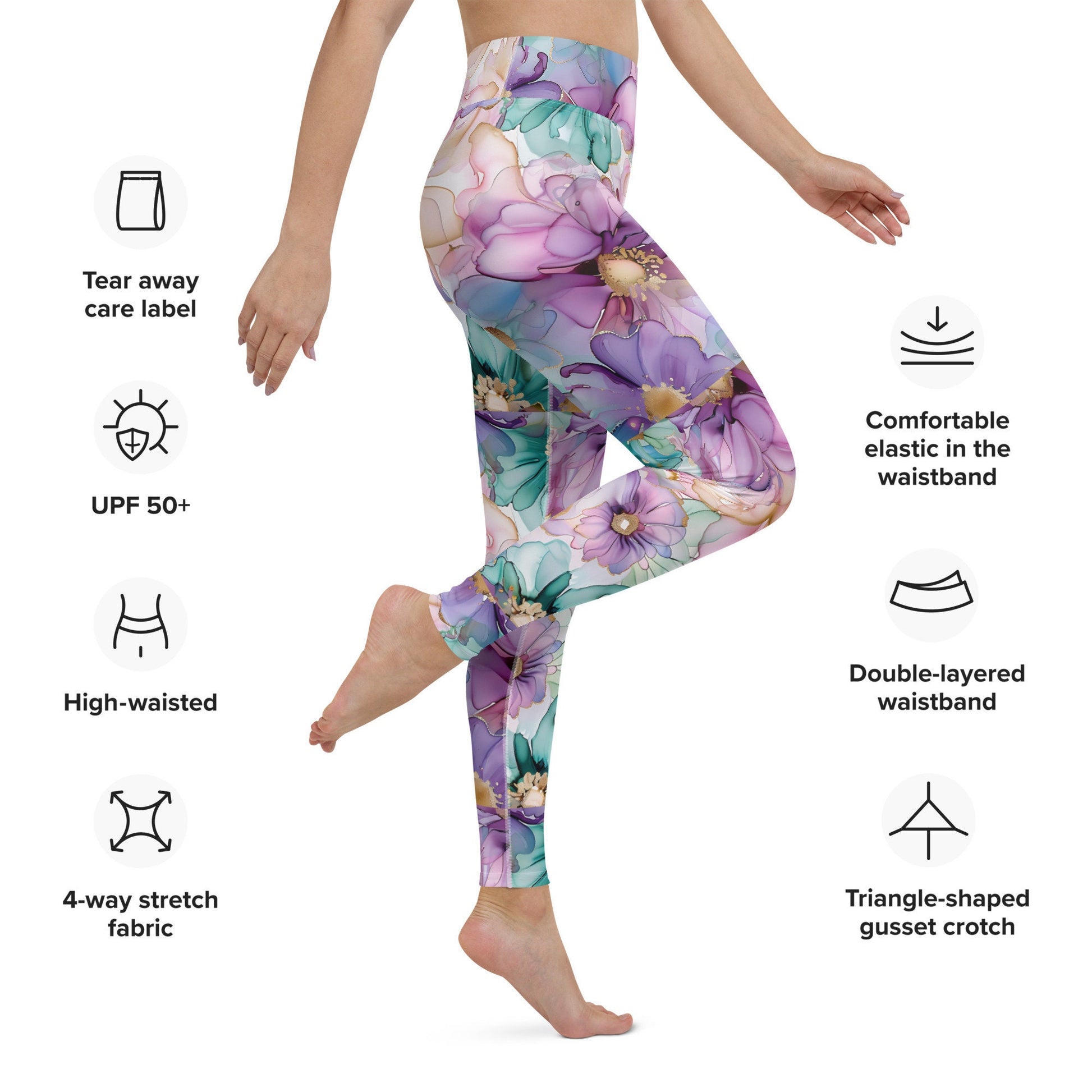 Yoga Leggings - Purple Teal Light Peach Flowers