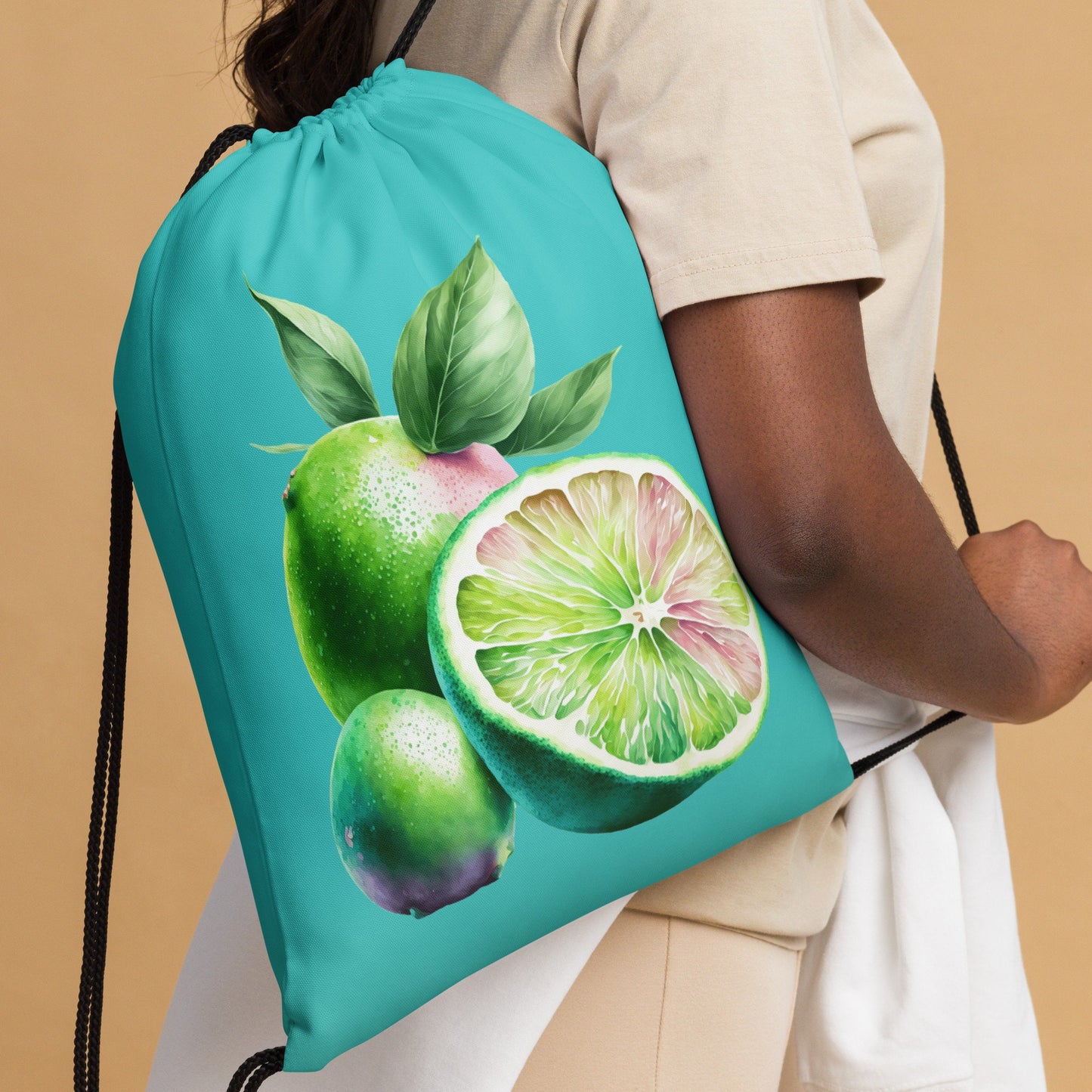 Drawstring bag - Limes with Dark Turquoise Background