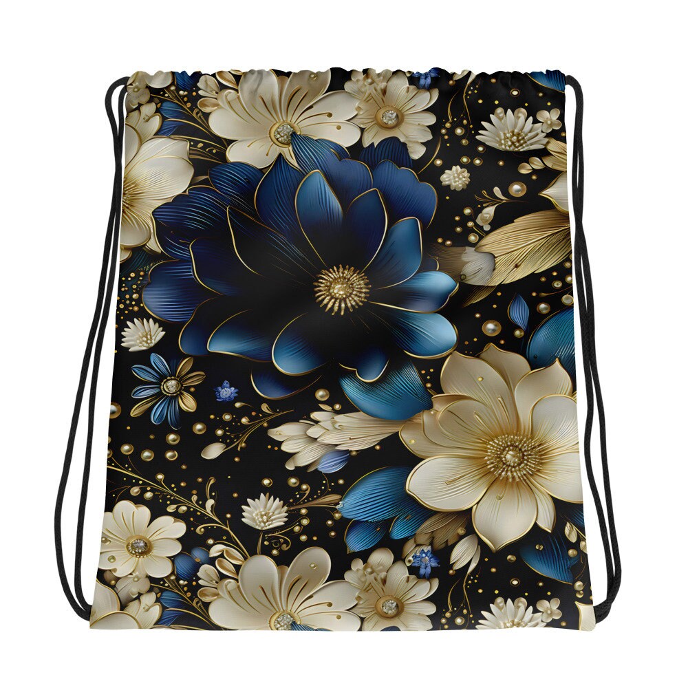 Drawstring bag - Blue Flowers with Cream colored Flowers