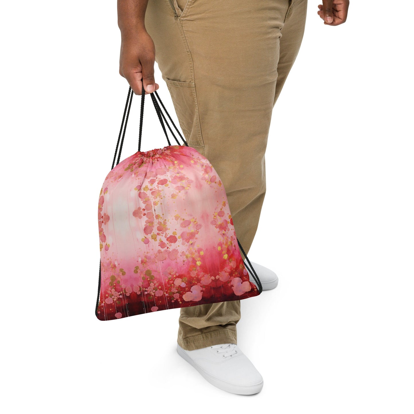 Drawstring bag - Red Pink and Gold Pattern