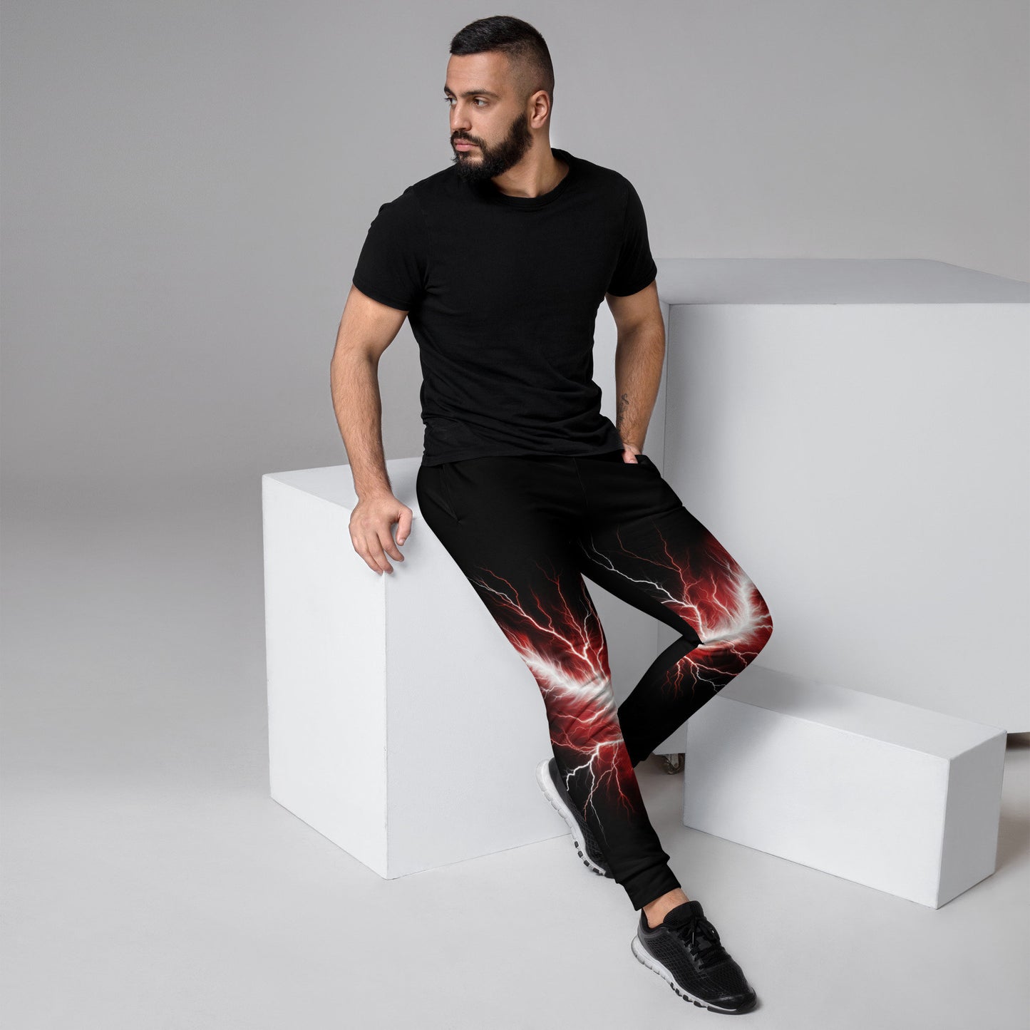 Men&#39;s Joggers - Red and White Lighting Bolt with Black Background