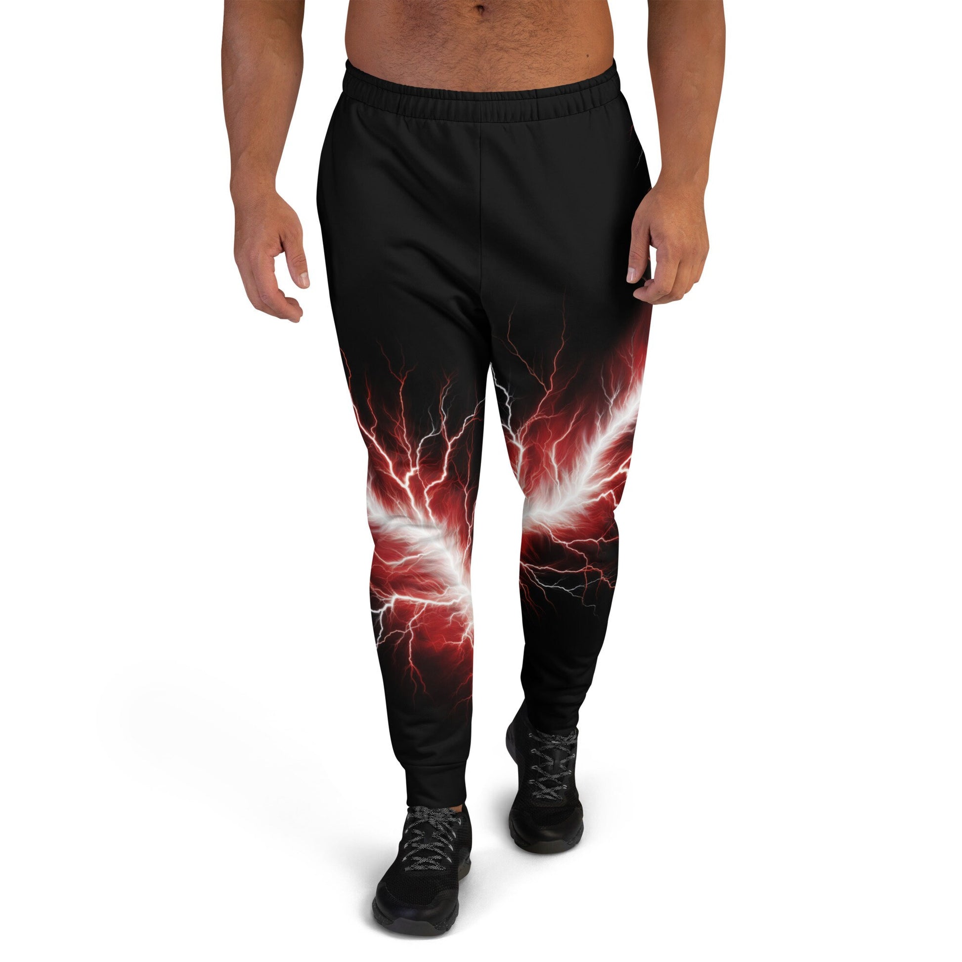 Men&#39;s Joggers - Red and White Lighting Bolt with Black Background