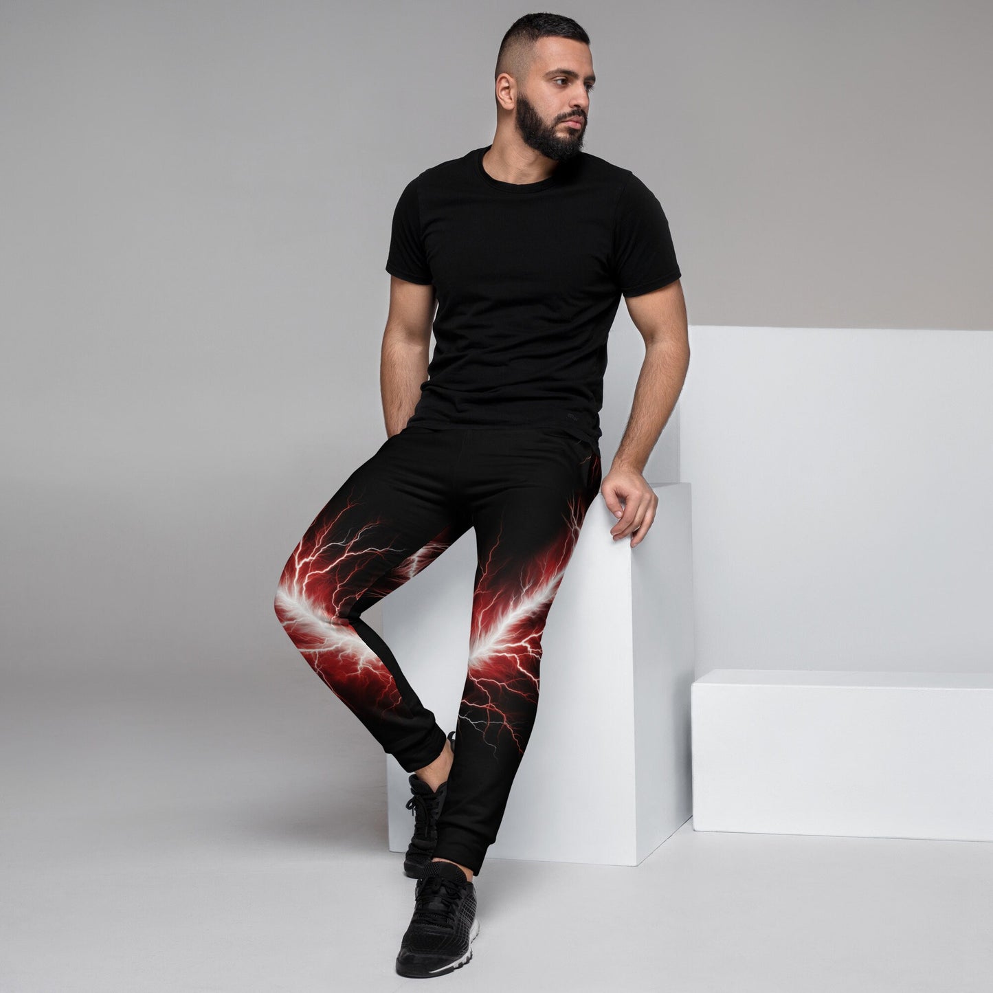 Men&#39;s Joggers - Red and White Lighting Bolt with Black Background