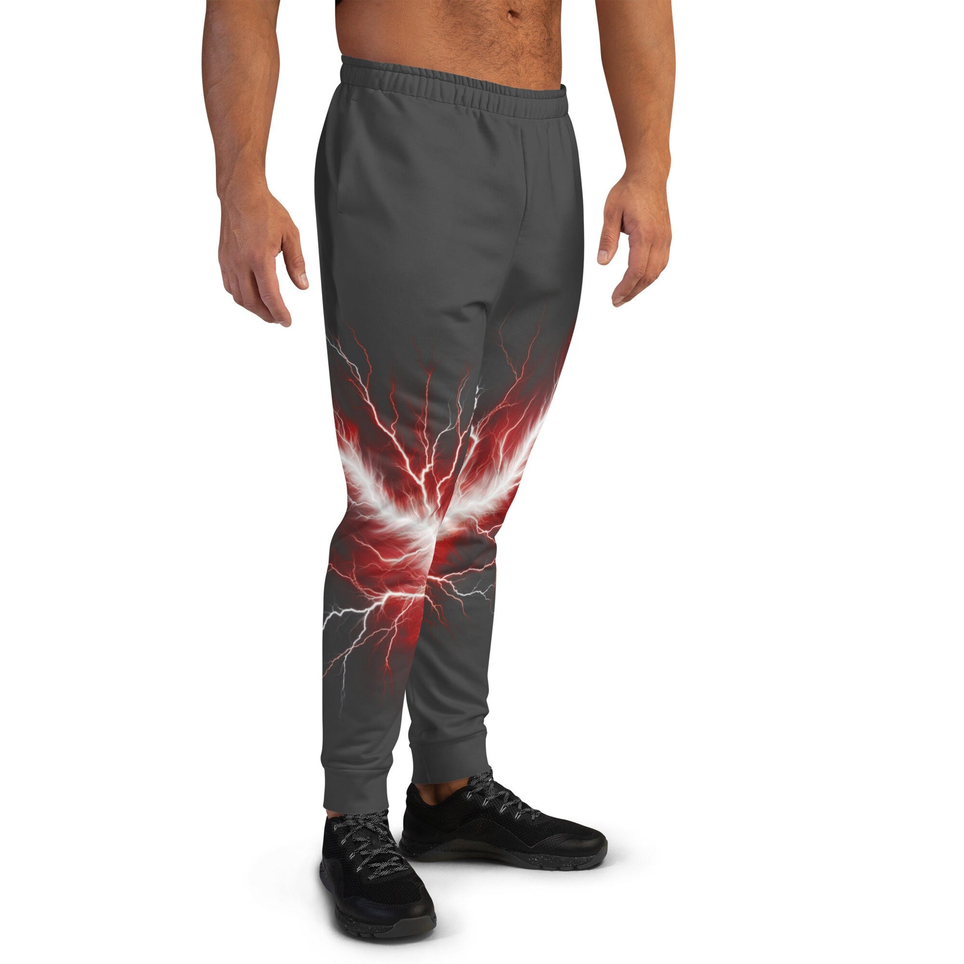 Men&#39;s Joggers - Red and White Lighting Bolt with Eclipse Color (Dark Drey)  Background