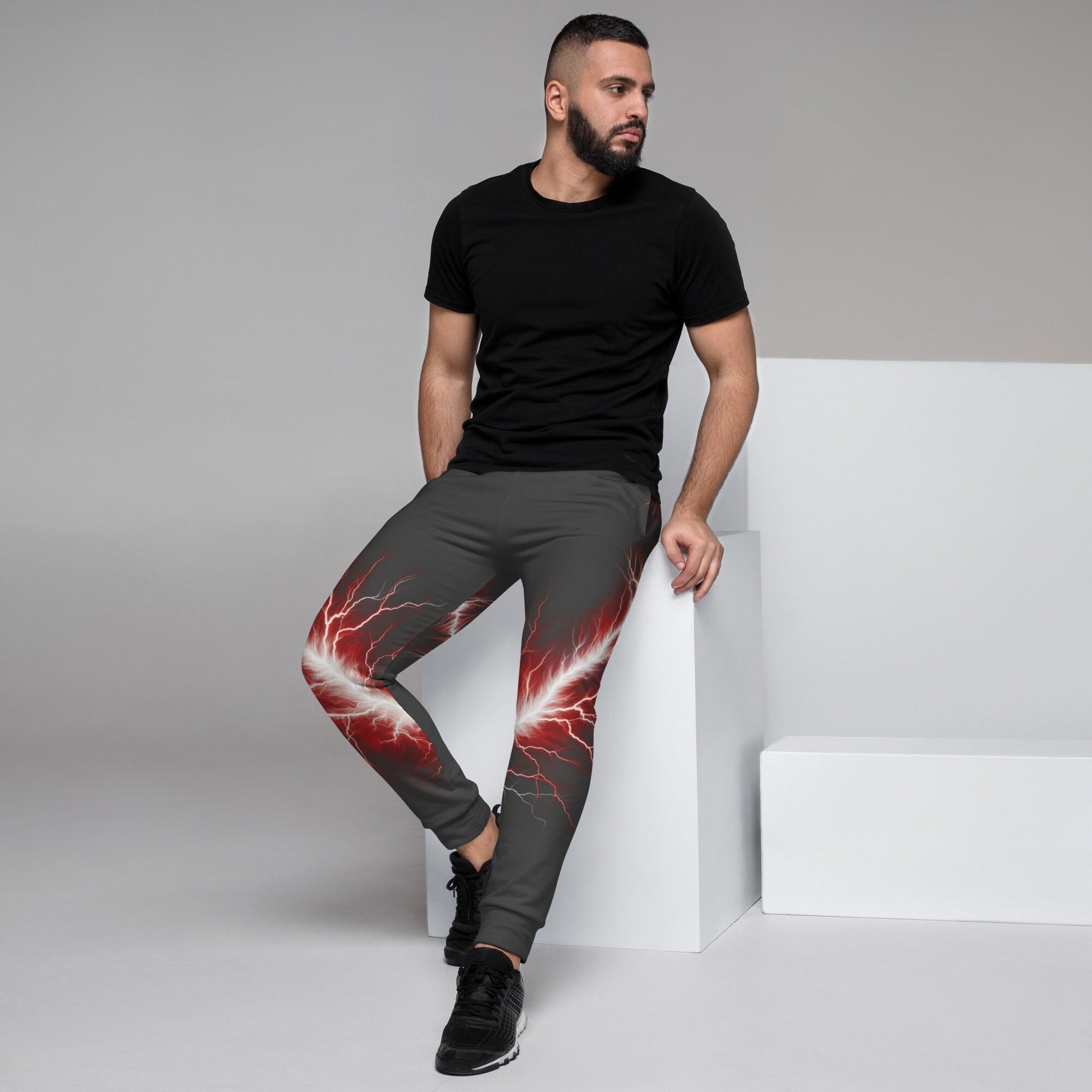 Men&#39;s Joggers - Red and White Lighting Bolt with Eclipse Color (Dark Drey)  Background