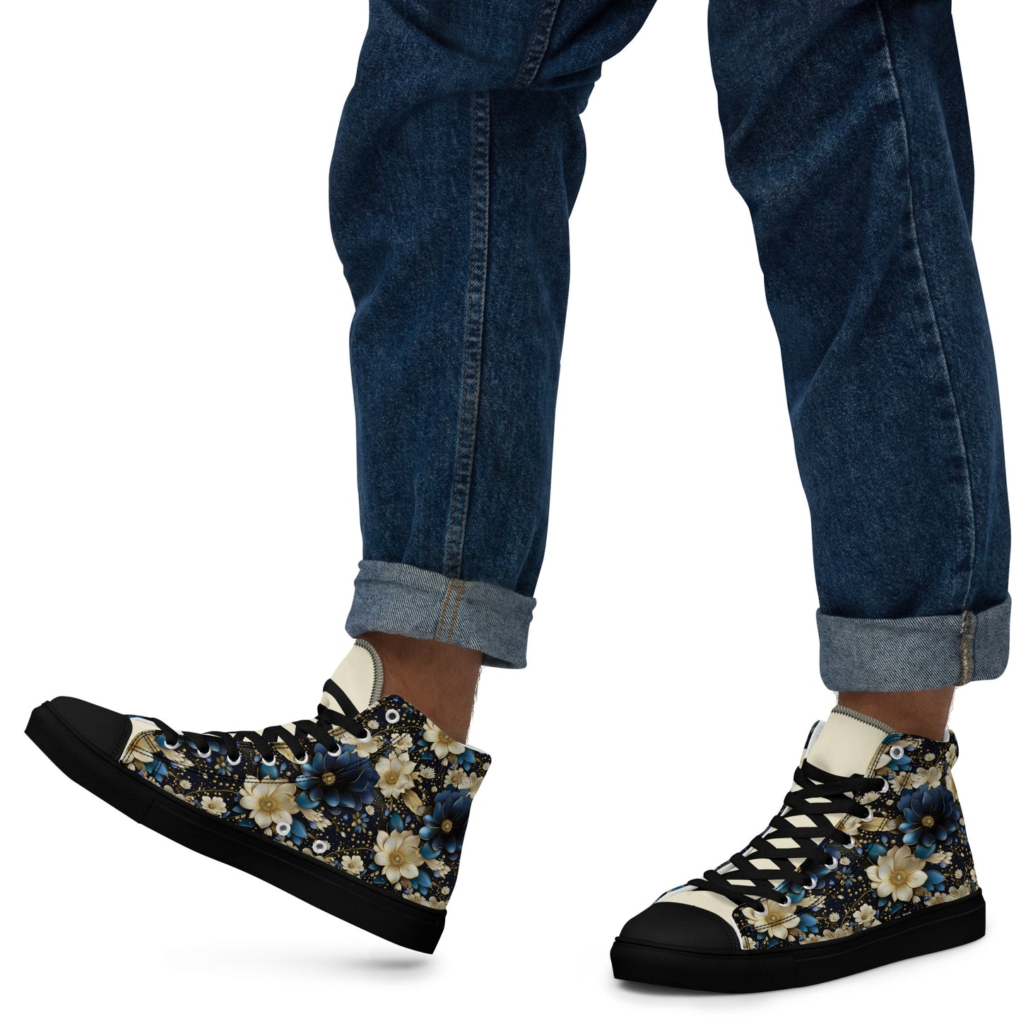 Men’s high top canvas shoes - Blue and cream colored flowers