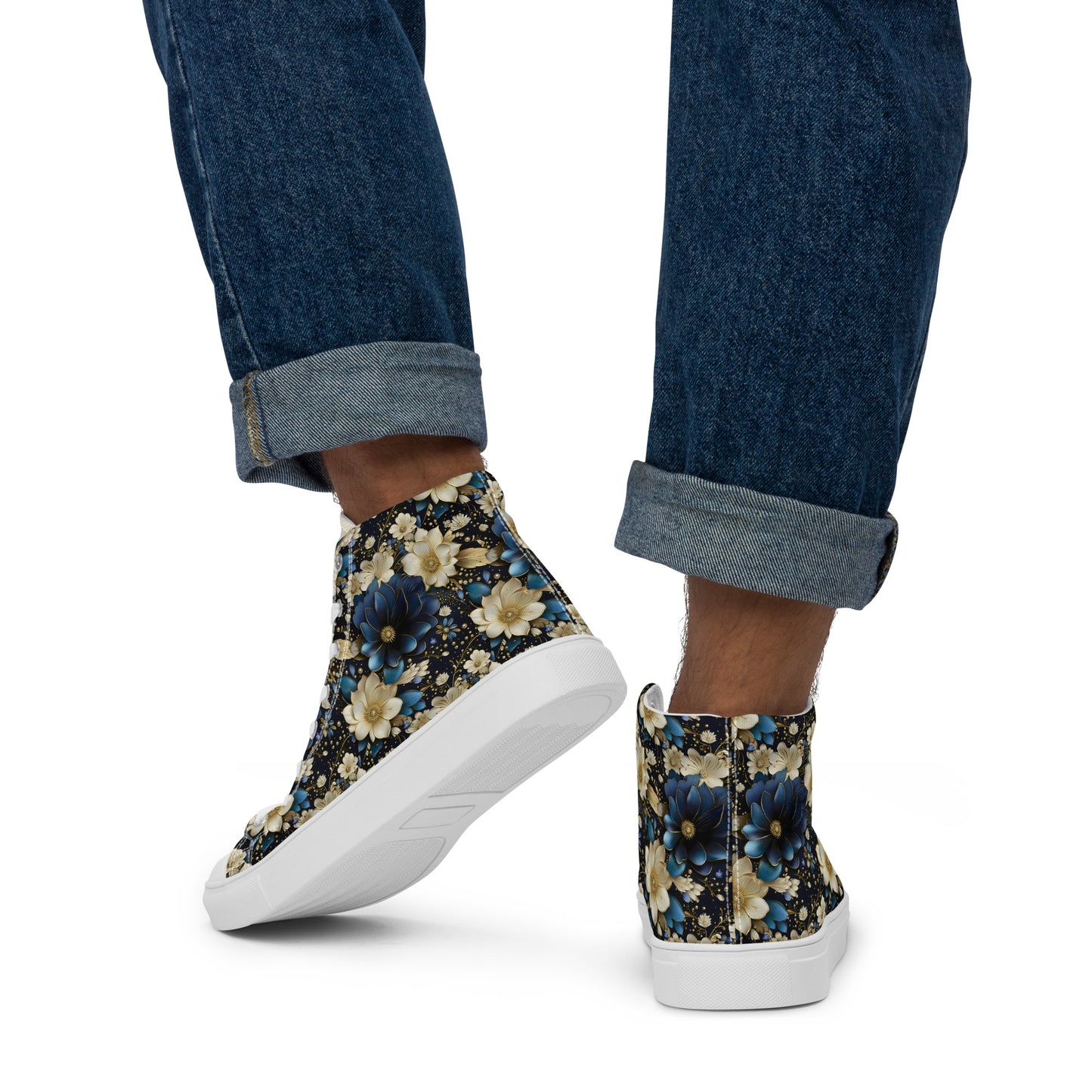 Men’s high top canvas shoes - Blue and cream colored flowers