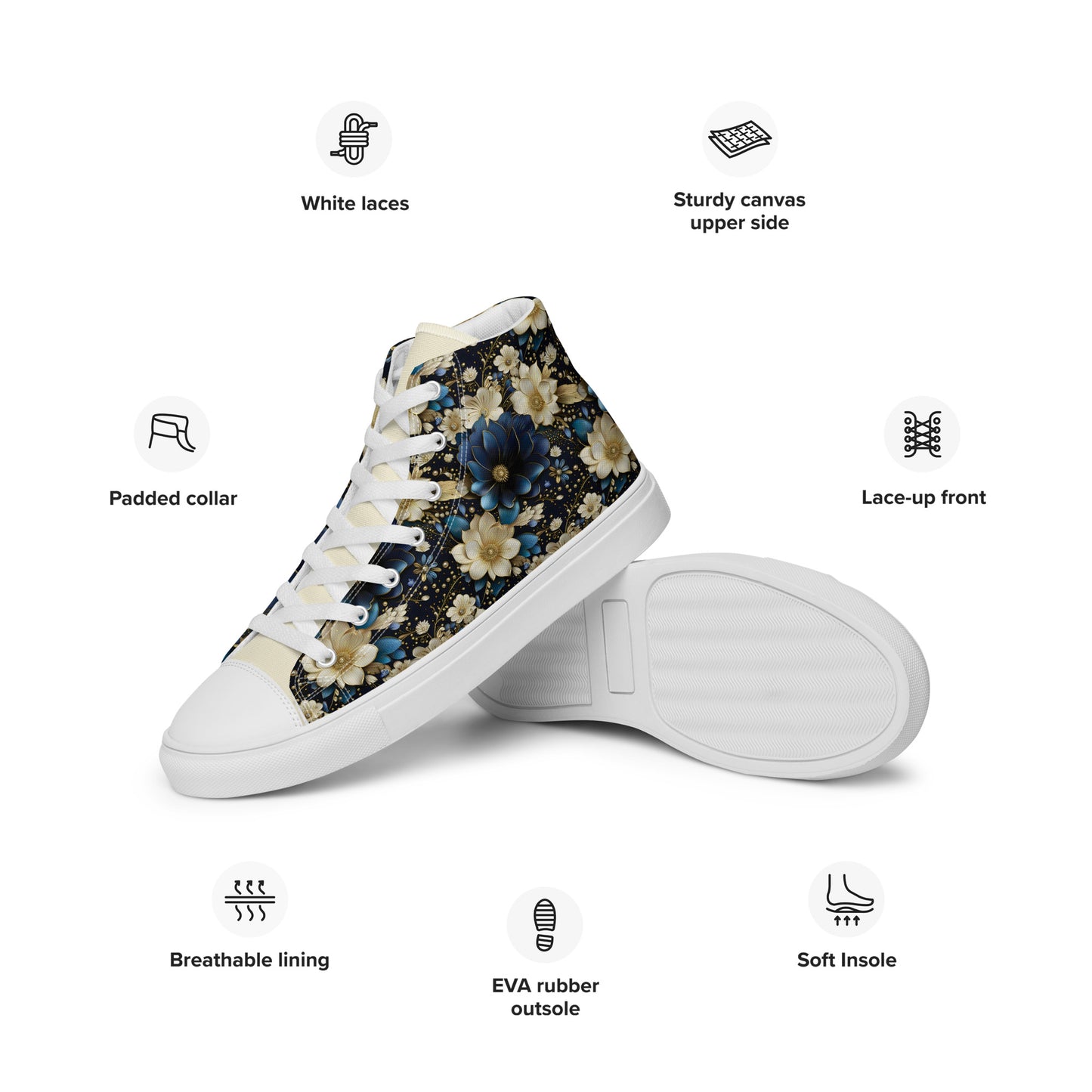 Men’s high top canvas shoes - Blue and cream colored flowers