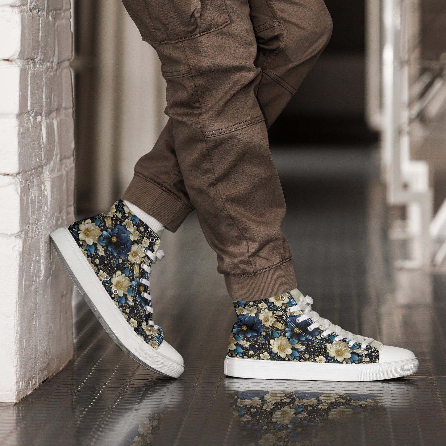 Men’s high top canvas shoes - Blue and cream colored flowers