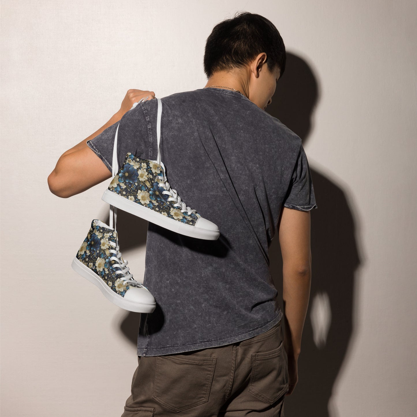 Men’s high top canvas shoes - Blue and cream colored flowers