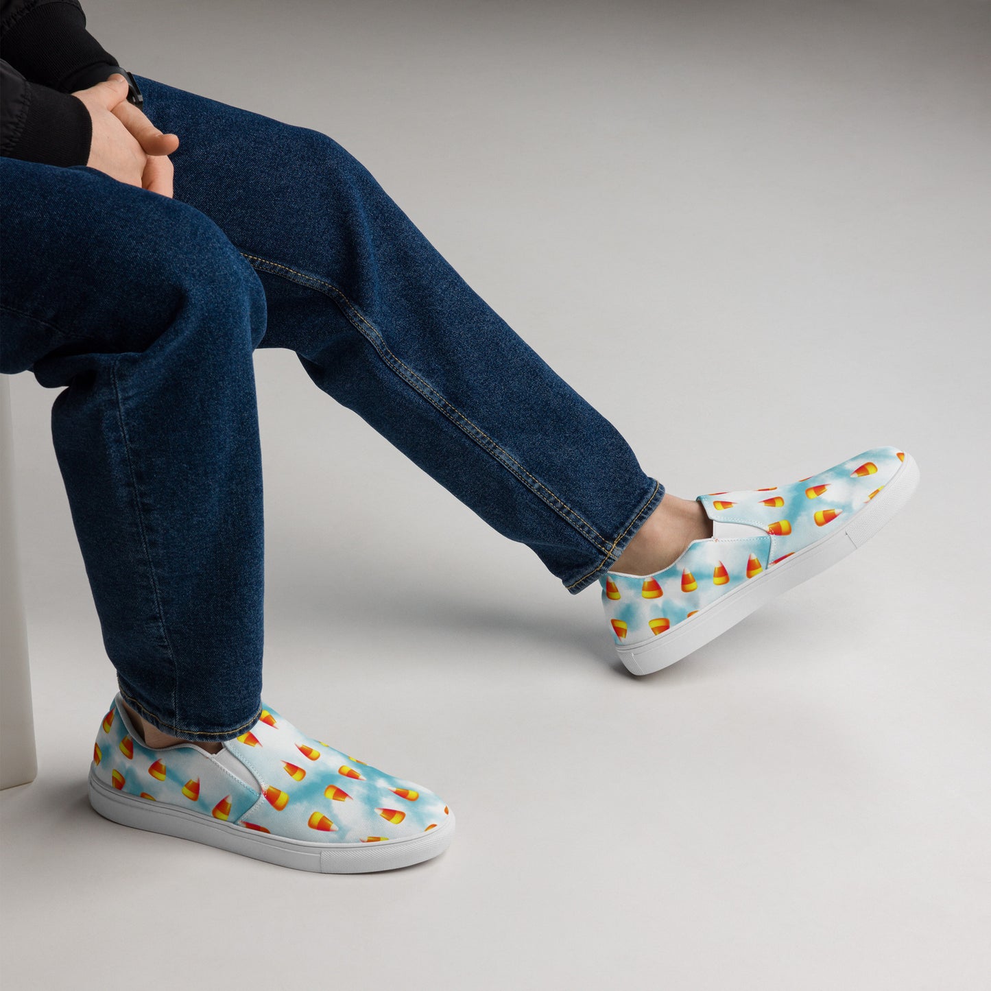 Men’s Candy Corn Slip-Ons: Blue & White Cotton Candy Style