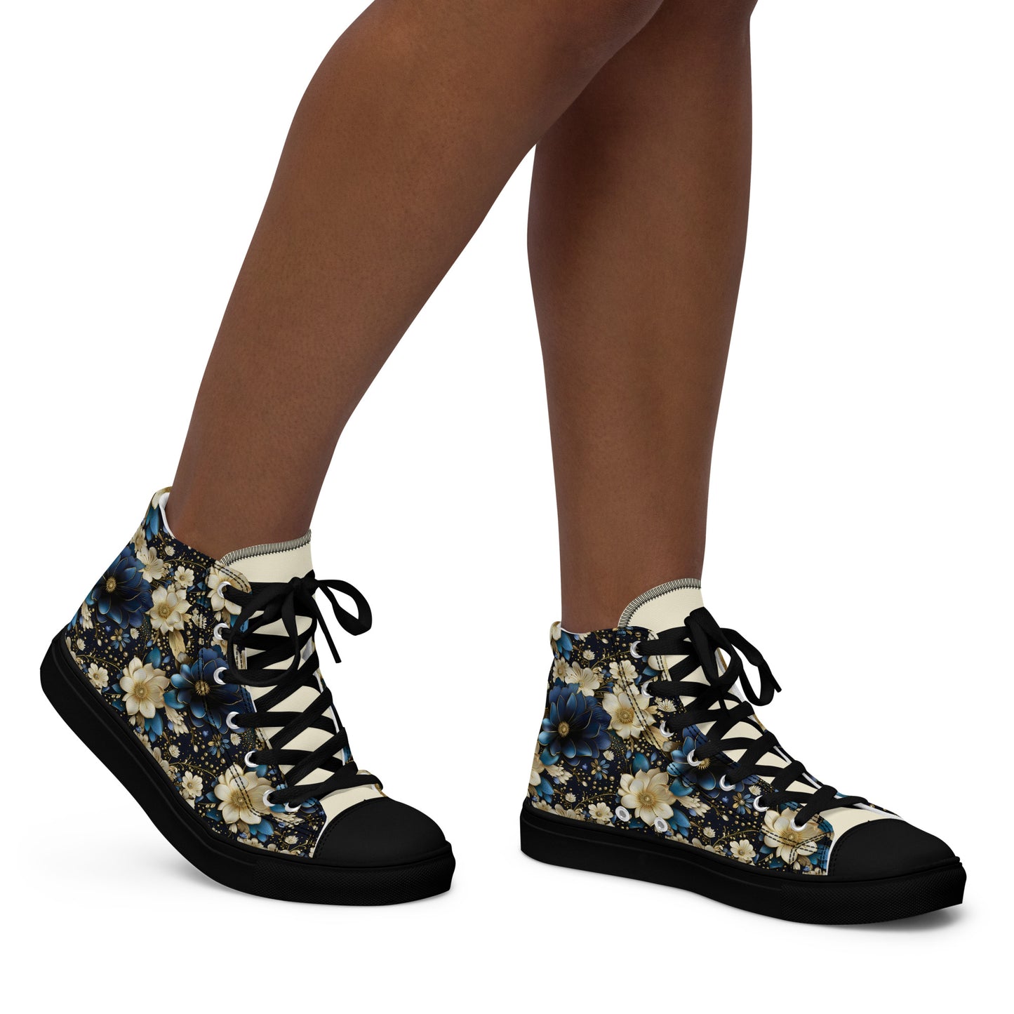 Women’s high top canvas shoes - Blue and cream colored flowers