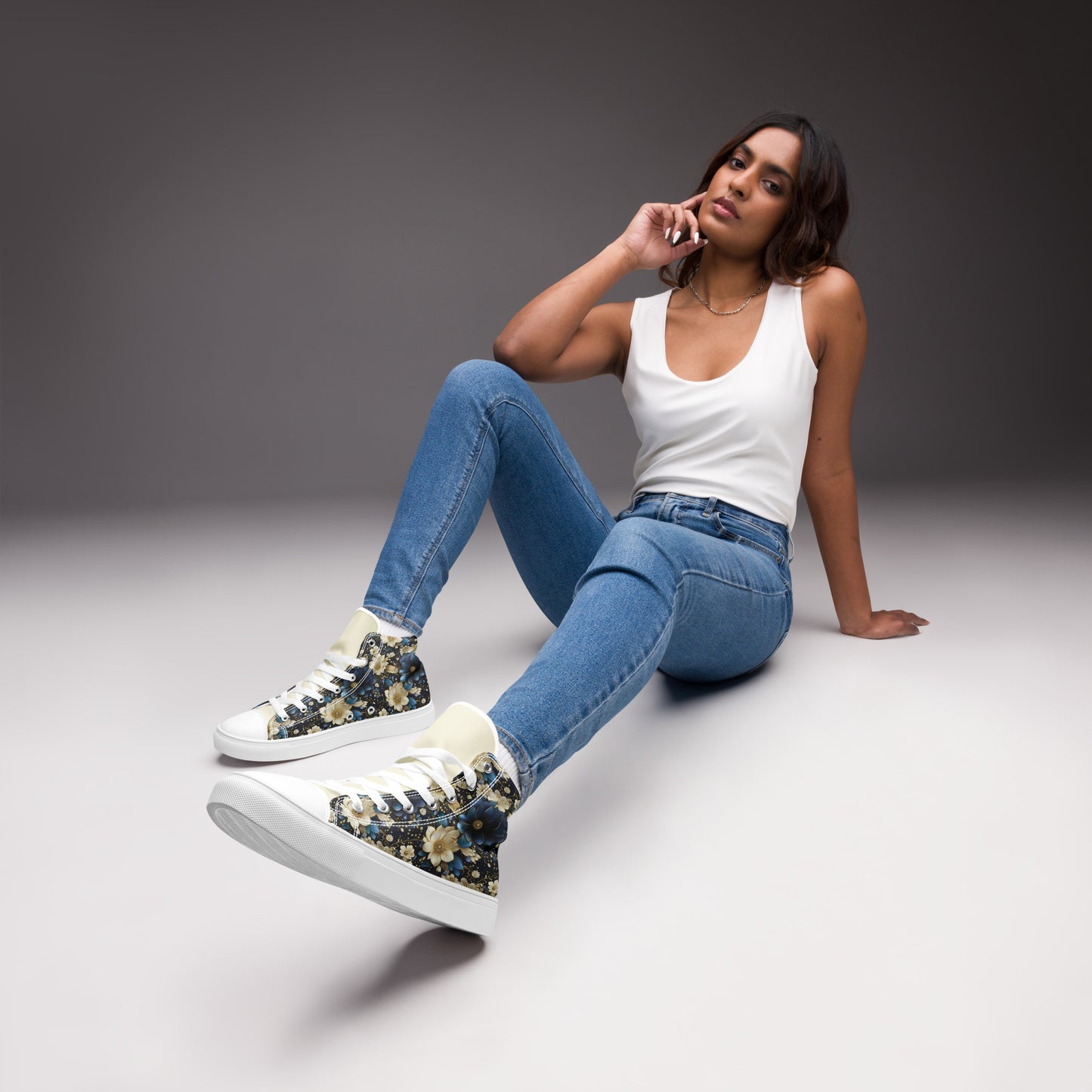 Women’s high top canvas shoes - Blue and cream colored flowers