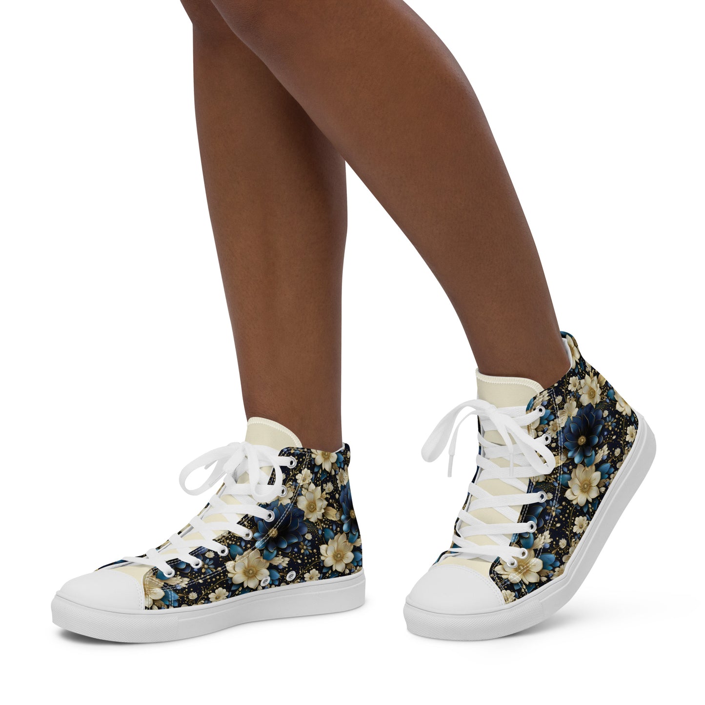 Women’s high top canvas shoes - Blue and cream colored flowers