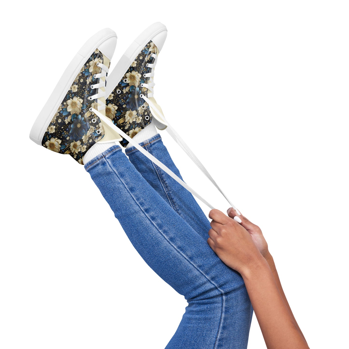 Women’s high top canvas shoes - Blue and cream colored flowers