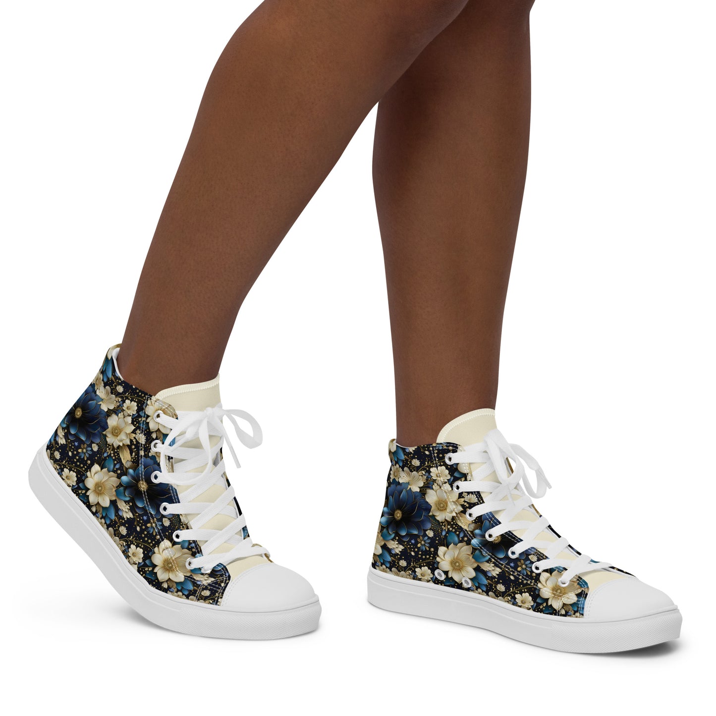 Women’s high top canvas shoes - Blue and cream colored flowers