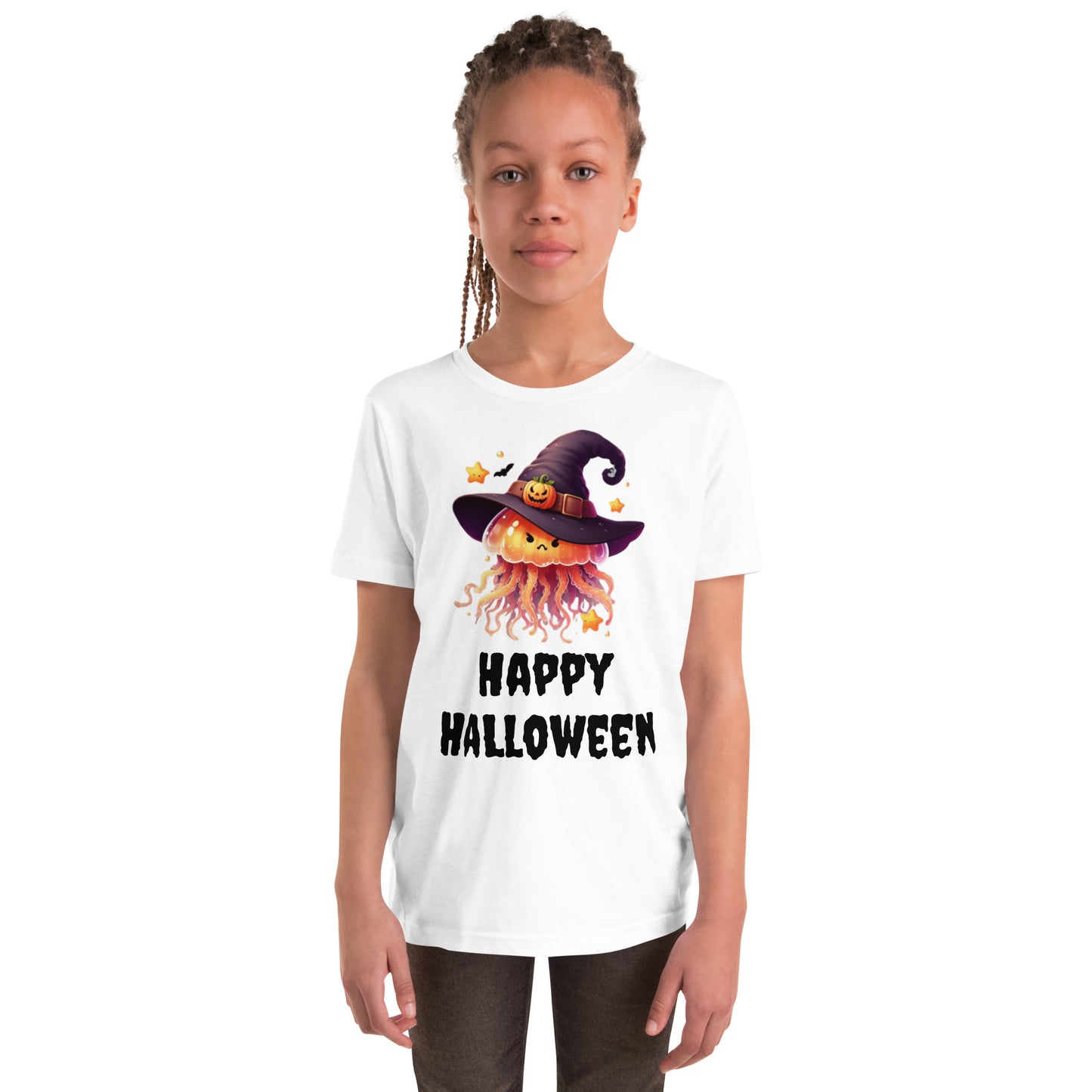 Happy Halloween Kids Tee with Jellyfish Witch - Spooky & Sweet Design