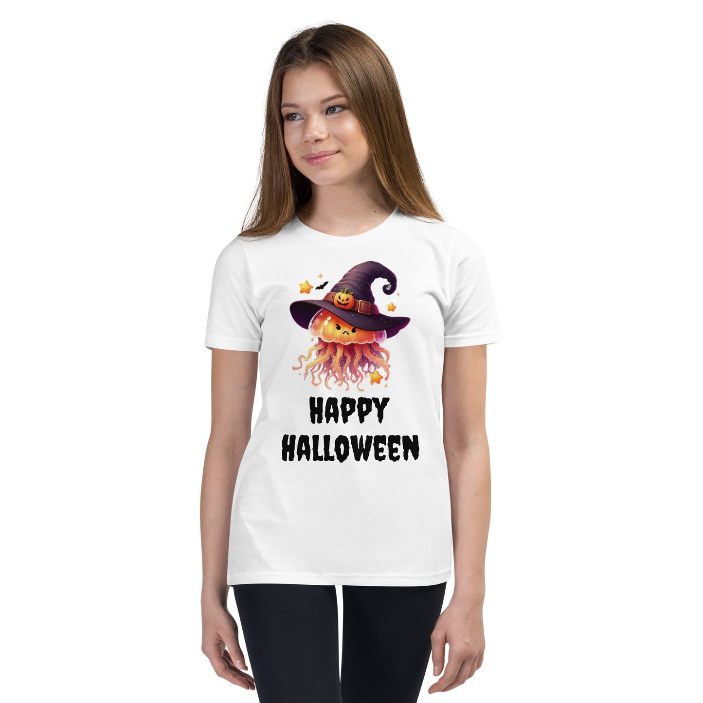 Happy Halloween Kids Tee with Jellyfish Witch - Spooky & Sweet Design